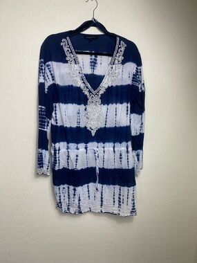 Women's Navy & White Tie-Dye Swim Coverup with Embroidered V-Neck